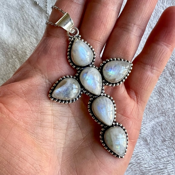 925 HUGE! Rainbow Moonstone CROSS Necklace Pendant - Picture 1 of 5